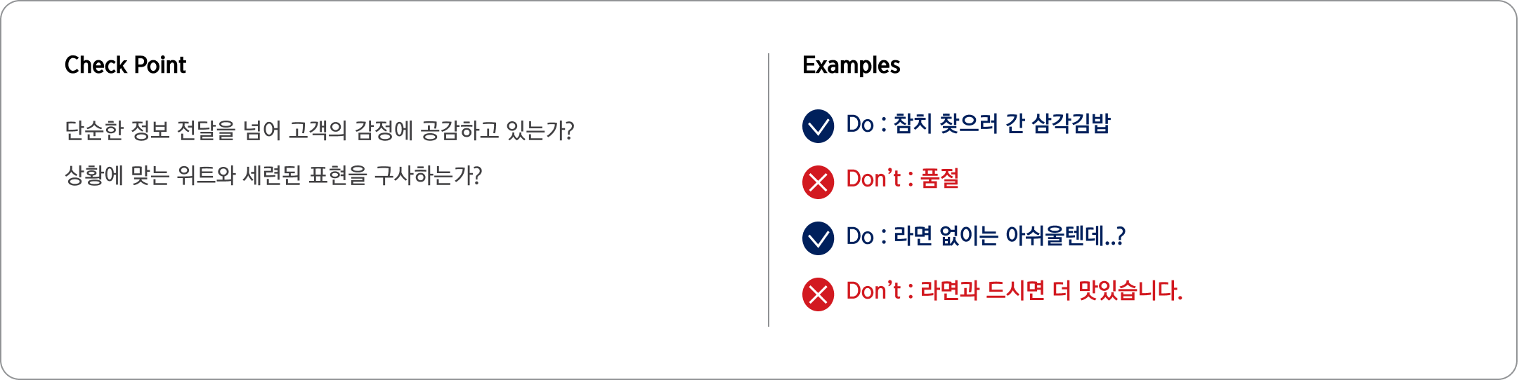 Check Point 단순한 정보 전달을 넘어 고객의 감정에 공감하고 있는가?
                                상황에 맞는 위트와 세련된 표현을 구사하는가? Examples Do : 참치 찾으러 간 삼각김밥
                                Don’t : 품절
                                Do : 라면 없이는 아쉬울텐데..?
                                Don’t : 라면과 드시면 더 맛있습니다.