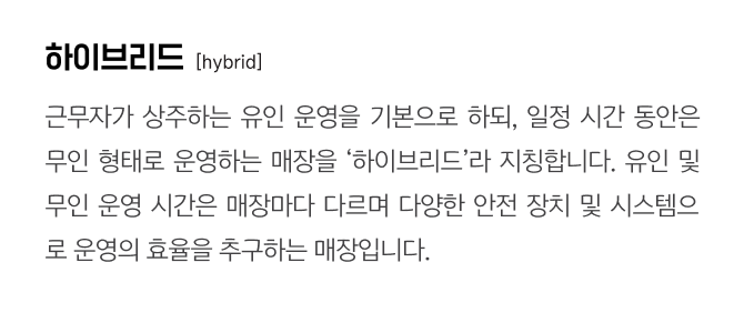 하이브리드
                                    [hybrid]
                                    근무자가 상주하는 유인 운영을 기본으로 하되, 일정 시간 동안은 무인 형태로 운영하는 매장을 ‘하이브리드’라 지칭합니다. 유인 및 무인 운영 시간은 매장마다 다르며 다양한 안전 장치 및 시스템으로 운영의 효율을 추구하는 매장입니다.