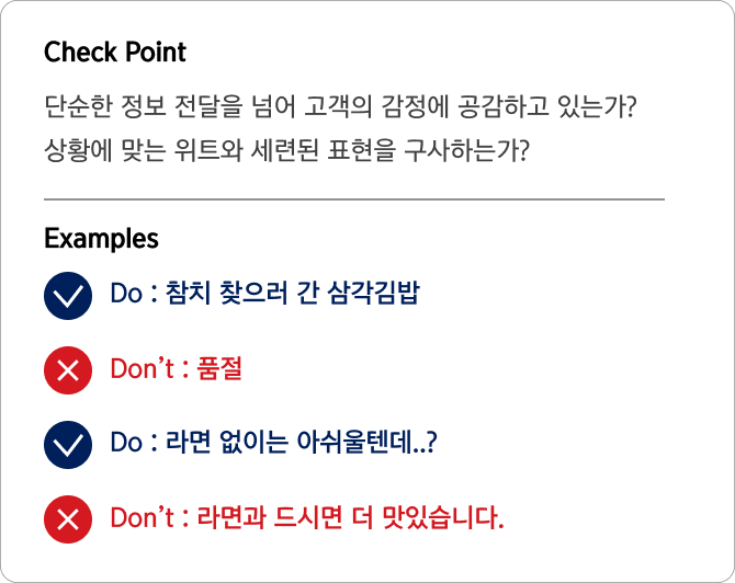 Check Point 단순한 정보 전달을 넘어 고객의 감정에 공감하고 있는가?
                                상황에 맞는 위트와 세련된 표현을 구사하는가? Examples Do : 참치 찾으러 간 삼각김밥
                                Don’t : 품절
                                Do : 라면 없이는 아쉬울텐데..?
                                Don’t : 라면과 드시면 더 맛있습니다.