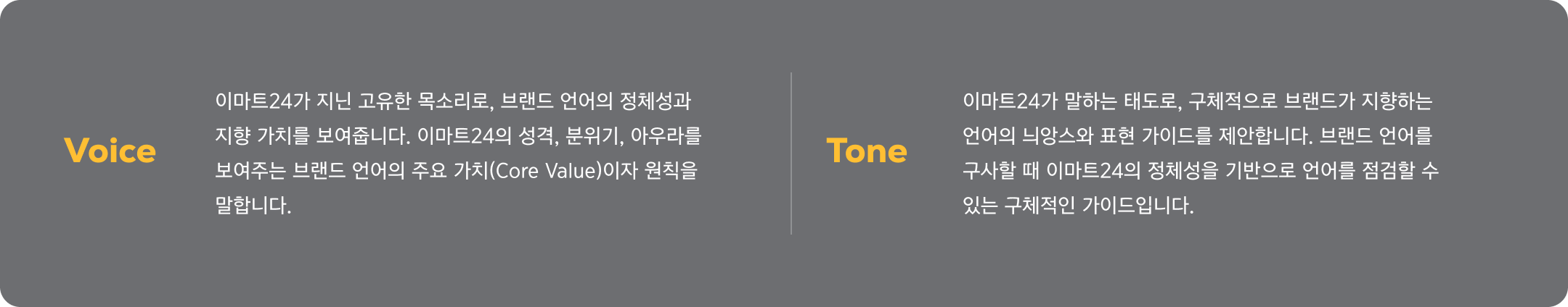 Voice 이마트24가 지닌 고유한 목소리로, 브랜드 언어의 정체성과
                                지향 가치를 보여줍니다. 이마트24의 성격, 분위기, 아우라를
                                보여주는 브랜드 언어의 주요 가치(Core Value)이자 원칙을 
                                말합니다. Tone 이마트24가 말하는 태도로, 구체적으로 브랜드가 지향하는 
                                언어의 늬앙스와 표현 가이드를 제안합니다. 브랜드 언어를
                                구사할 때 이마트24의 정체성을 기반으로 언어를 점검할 수
                                있는 구체적인 가이드입니다. 